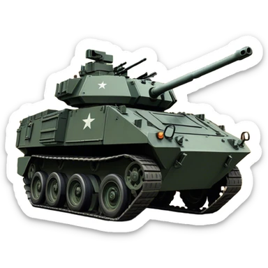 Stryker M1126 (2020) – Cinematic-realistic Stryker M1126 armored personnel carrier, its dark grey-green hull speeding down a war-torn street. The eight large wheels grip the cracked pavement as infantry hunker inside, the turret-mounted .50 cal machine gun scanning rooftops for threats under the eerie glow of distant fires. this tank has wheels and NOT TRACKS sticker