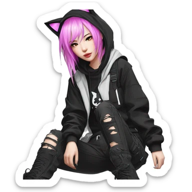 Edgy beautiful pretty anime punk tomboy with cat ears techwear cargo pants hoodie sticker