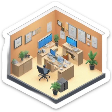 isometric square solid outline border containing indoor creative start-up office people active working computer tools simple clean developer-space #edc31b sticker