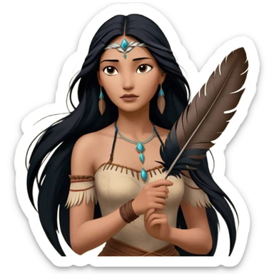 Cinematic Realistic Pocahontas Portrait, depicted with lifelike skin texture, soft natural lighting, and intricately detailed long, flowing raven-black hair that moves gracefully in the wind. Her deep, soulful dark brown eyes exude wisdom and strength, complemented by a serene yet powerful expression. She is shown gently holding a feather in one hand, her other hand resting lightly at her side, embodying the harmonious balance between nature and herself. She is dressed in her classic one-shoulder native American dress, with rich fabric textures and delicate beaded details that catch the light beautifully. The portrait features a soft, sun-kissed glow with a natural, radiant finish, capturing the essence of untamed beauty and deep connection to nature in a realistic and painterly style, evoking a sense of depth and authenticity. sticker