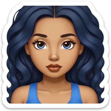 light brown skin tone, very beautiful woman, with big plump lips, long long lashes, black long wavy hair, middle hair parting, brown eyes, blue tank top sticker