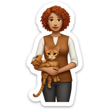 woman with curly copper hair holding a torti cat sticker