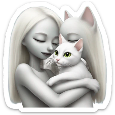 Photo realistic, alien female, kissing and embracing white cat, sticker