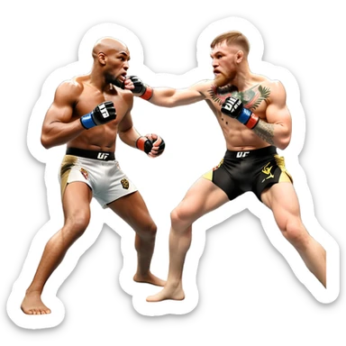 An MMA showdown between Conor McGregor and Anderson Silva in the octagon. McGregor is executing a powerful jumping strike, while Silva is expertly blocking the attack with his forearm. The background features the UFC octagon, fans in the distance, and dynamic action. Transparent background sticker