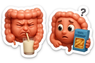 emoji stile iphone di un intestino che beve latte e ha un espressione di dolore e un intestino che guarda un pacco di pasta con la scritta "100% FODMAP" SULL'ETICHETTA CON ESPRESSIONE CONFUSA, iperrealistico 4k, isolato su sfondo bianco sticker
