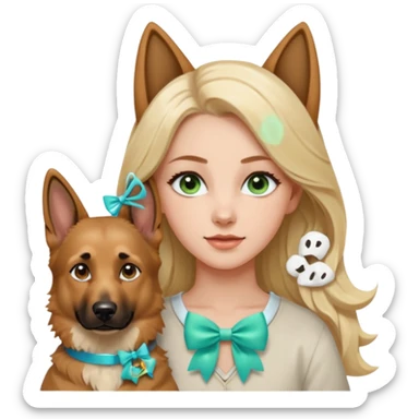A white Long Wave blonde Hair Woman with blue-green eyes with a Brown eyed White Shepard with a little bit beige in then end of the ears and a lneom Link bow in neck in a lovely pose sticker