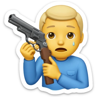 Make a yellow emoji of a guy holding a gun and the guns barrel is in his mouth while crying blue water sticker