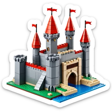 A photorealistic icon featuring a large medieval castle built from LEGO bricks, with detailed textures of the bricks, turrets, and drawbridge. The design captures the creativity and intricacy of LEGO construction with vibrant colors and realistic lighting. Transparent background sticker