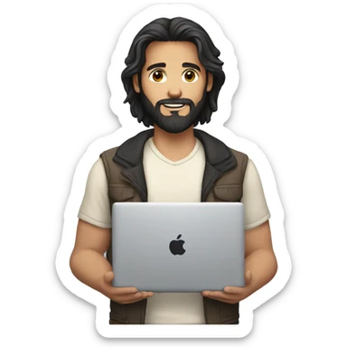 white young man with black beard an long hair and a macbook in her hand sticker
