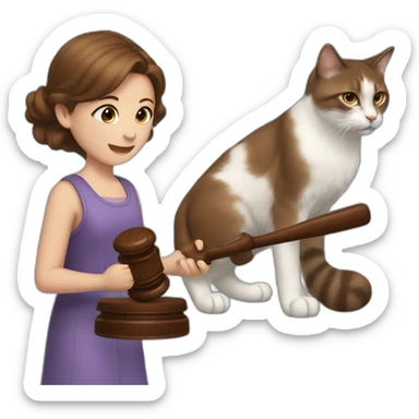 a young girl with brown hair grabbing a Gavel like a judge, and with two cats behind her, one black and the other one snowshoe sticker