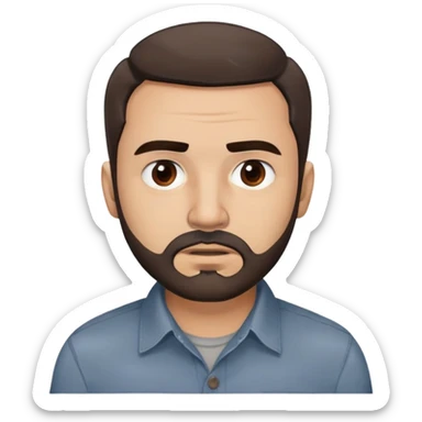 Puerto Rican actor René Monclova with round face, wide jaw, light skin. Expressive dark brown eyes, thick eyebrows. Short brown hair with receding hairline. Messy beard, brown with some gray patches. Wearing a dark button-down shirt. sticker