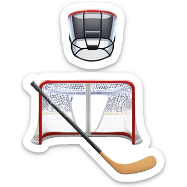 An icon showing a close-up of a hockey stick, puck, skates, and hockey net placed on the ice. The background features a packed stadium with bright lights, cheering fans, and snowy scenery outside. Transparent background highlights the key elements of the game. sticker