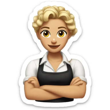 Waitress with white shirt and black apron, curly dirty-blonde hair in a pony tail, hazel eyes, lots of bohemian jewelry and bracelets  sticker
