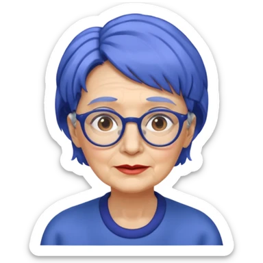 old lady with cobalt hair, wearing glasses, slight curl short hair, long face sticker