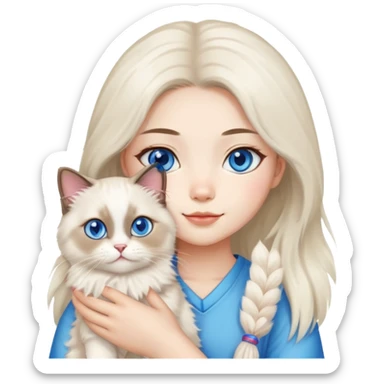 Asian girl holding a fluffy ragdoll cat with blue eyes and colorpoint fur sticker