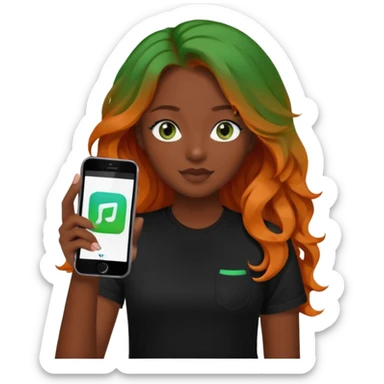 Girl with dark long orange wavy hair, green eyes, and black t-shirt and phone with tiktok app on hands sticker