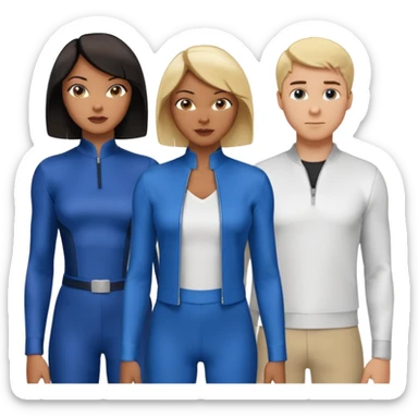 3 Friends standing side by side, charlie's angels style: 1 black woman with a short flat pressed bob, 1 hispanic man with a thin nose and long hair, and 1 white guy with blue eyes and a short brown-blonde haircut sticker