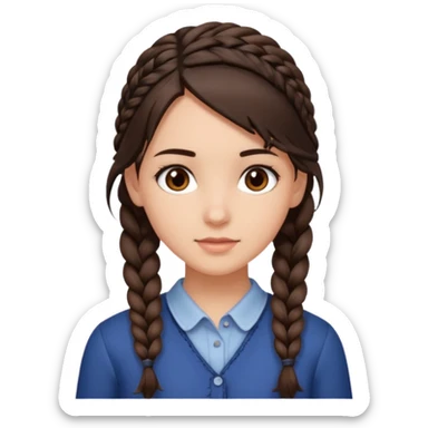 Draw me a brunette girl, with medium-length hair, dark brown eyes, and a side braid sticker