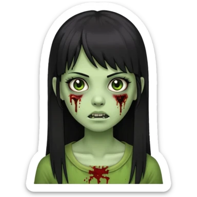 Emoji de uma garota zumbi com os cabelos longos, lisos e pretos. Ela usa uma franja curta. E tem a pele verde  sticker