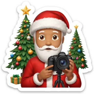 Homme photographe noir, week-end détente, équipé d’un appareil photo pro. Dans un décor Noël chaleureux, Père Noël à côté, sapin illuminé, lumières douces.  Ambiance festive, réaliste, couleurs nettes sticker