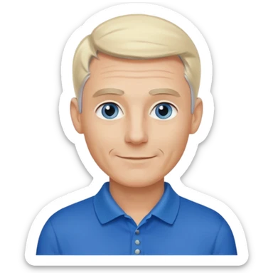 Avatar pic male gray hair blue eyes clean shaven blonde eyebrows high cheekbones sly smile long eyelashes wearing a black golf shirt sticker