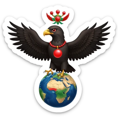 Fully black eagle with red mala bead necklace, the eagle's head facing the left with a single eye visible, wings spread full length, standing over an earth emoji with the African continent centered on the earth emoji. Replace the eye of the eagle with a Japanese Yen currency symbol. sticker