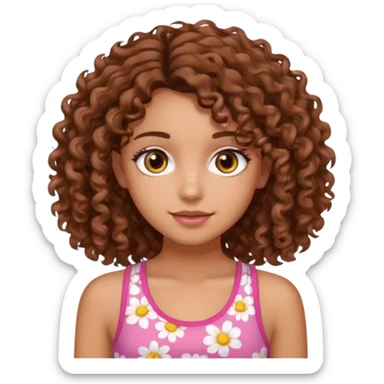 A pretty girl with tan skin and brown wavy curly hair, wearing a floral pink tank top with brown eyes sticker
