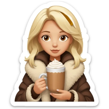 Tanned Girl with lashes , blonde hair, in an extremely big fluffy oversized coat and hold hot chocolate drink sticker