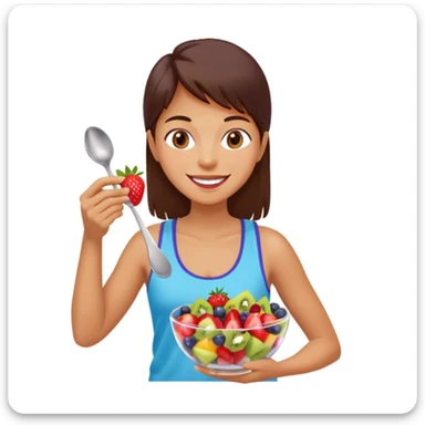 A cheerful person holding a glass bowl of colorful fruit salad with vibrant pieces of strawberries, kiwis, and blueberries visible. The person is wearing a casual, light-colored tank top and has a friendly, bright smile as they prepare to take a bite with a spoon. sticker