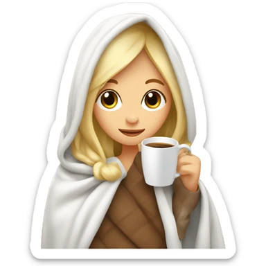 Cute Blonde girl wrapped in big blanket over head drinking coffee sticker