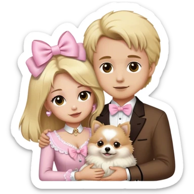 Blond girl with old money outfit white brown eye skin with husband brown hair hugging white Pomeranian with light pink bow sticker