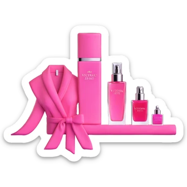 Victoria's Secret pink robe, perfume, and lipstick arranged together sticker