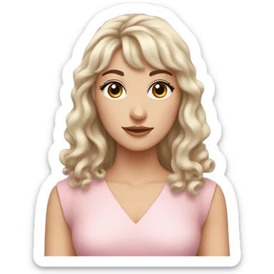 White woman with long black curly hair and bangs and dark brown eyes, wearing a pastel pink dress sticker