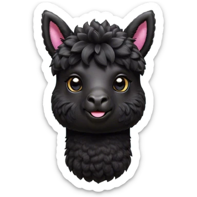 Cinematic Cute Black Alpaca Portrait Emoji, Head tilted playfully and inquisitively, featuring a plush, shiny jet-black fleece with a lustrous sheen, round, sparkling dark eyes filled with curiosity, Simplified yet irresistibly adorable features, highly detailed, glowing with a warm, friendly glow, high shine, affectionate and gentle, stylized with a touch of whimsy, bright and endearing, soft glowing outline, capturing the essence of a mischievous yet loving alpaca, so playful it feels like it could prance out of the screen and into your arms! sticker