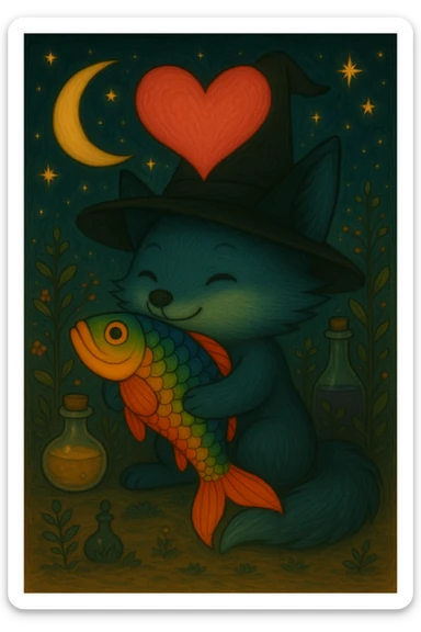 Add a classic black witch hat to the blue fox, keep the magical, witchy background and big pink heart, in ghibli style. sticker