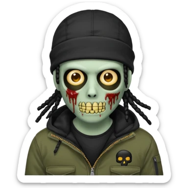 a zombie emoji with black dreads and a black carheartt jacket and black nike ski mask on his head sticker