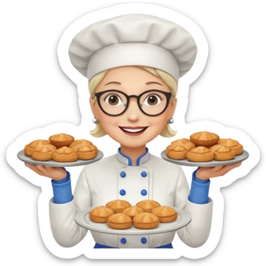 Older female pastry chef – round glasses, oven mitts on, holding a tray of pastries.

 sticker