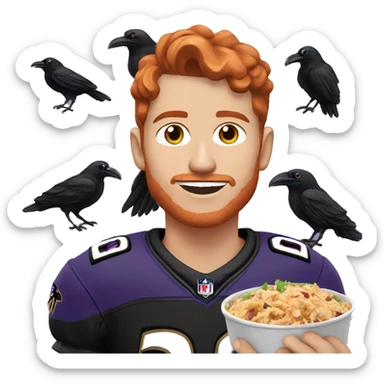 a red-haired young man wearing a ravens jersey and eating a chipotle burrito bowl sticker