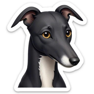 Cinematic Noble Black Greyhound Portrait Emoji, Poised and regal, with a lean, graceful build and a sleek, jet-black Fur, deep-set soulful dark eyes, Simplified yet sharp and sophisticated features, highly detailed, glowing with a soft, dignified glow, high shine, intelligent and swift, stylized with an air of elegance, focused and attentive, soft glowing outline, capturing the essence of a watchful and commanding racer, so majestic it feels as though it could sprint out of the screen with effortless authority! sticker