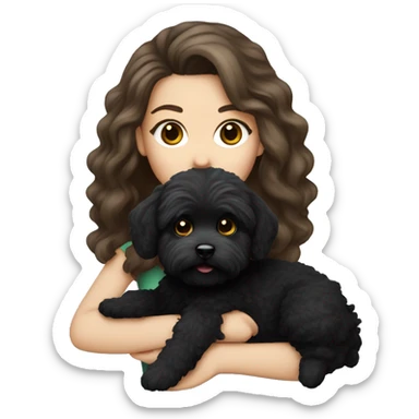 Caucasian Brunette girl long hair and hazel eyes, holding a black maltipoo sticker