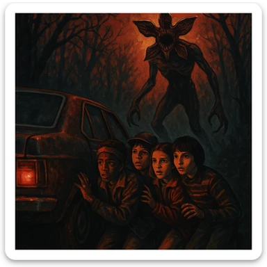 Stranger Things series horror poster style, the kids hiding behind a car as the Demogorgon stalks nearby sticker