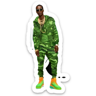 rapper,Young Dolph luxury clothes,blue diamond chain on,near his car, just opened drivers side car door to his all orange and green colored,whole car painted army camouflage, Mercedes G Wagon sticker