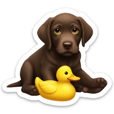 Chocolate lab puppy with big yellow duck plushie sticker