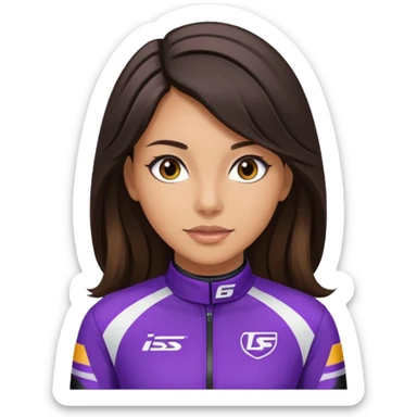brunette long hair woman with black racing outfit with purple strips sticker