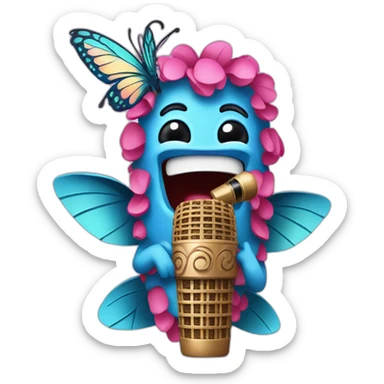 Cartoon Blue and pink tiki singing with butterfly and mikrophone sticker