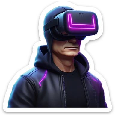 Vladimir Putin wearing a black hoodie with "OMG" letters on it and VR headset oculus quest 2 in a cyberpunk VR environment with violet neon lighting. sticker