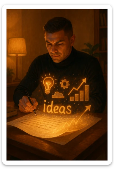 Un uomo concentrato, seduto alla sua scrivania in una stanza con luce calda, sta scrivendo su un enorme foglio di carta che si espande magicamente davanti a lui. Mentre scrive, le parole si trasformano in elementi visivi tridimensionali che rappresentano le soluzioni ai suoi problemi sticker