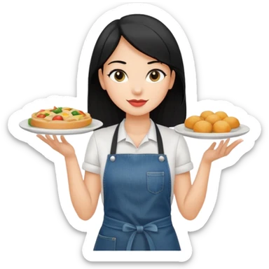waitress with black hair and a food plate with a black tshirt and ª jeans apron sticker