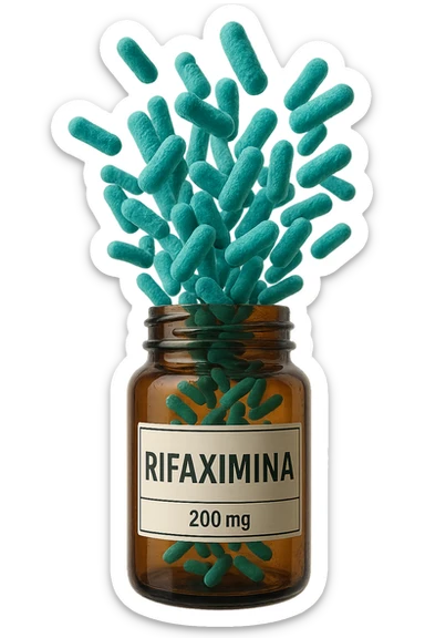 barattolo di medicinale con la scritta "rifaximina" sull'etichetta fluttua in aria, da dentro al barattolo escono batteri intestinali turchesi, iperrealistico 4k sticker