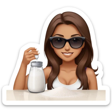 sassy woman with long brown hair, tan skin, and dark sunglasses holding a salt shaker filled with white table salt. She is sprinkling the salt out from the shaker with a smirking expression sticker